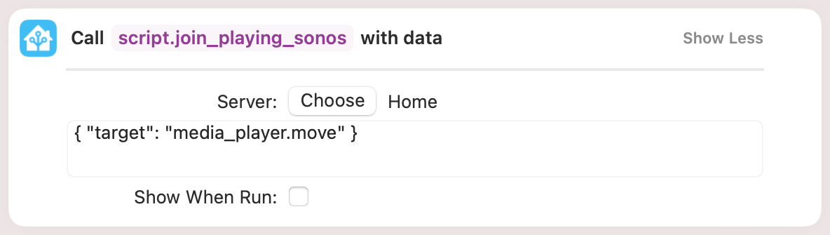 Screen shot of Shortcuts action 'Call `script.join_playing_sonos` with data'