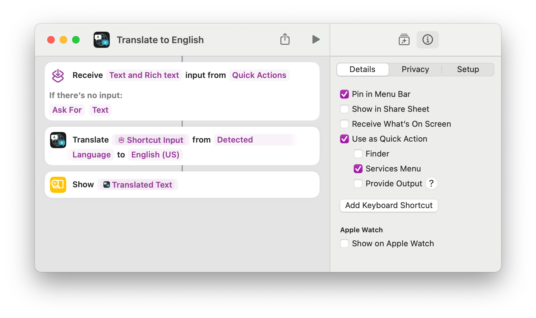Screen shot of Translate to English shortcut contents