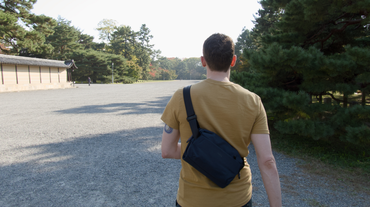 Photo of me from behind, walking in Kyoto, wearing the bag I bought for the trip.